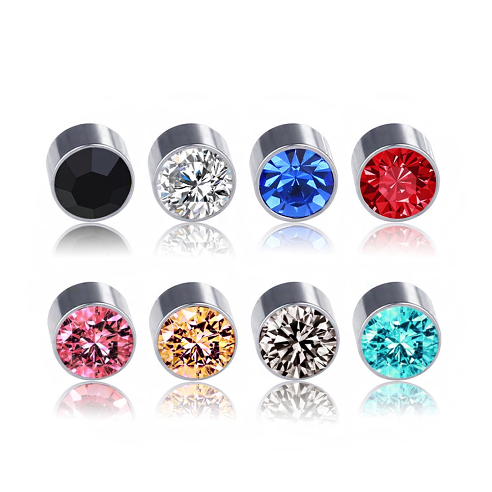 1Pair Fashion Unisex Stainless Steel Round Magnetic Non-Piercing Clip On Stud Earrings Colour Crystal Ear Stud Hot Sale