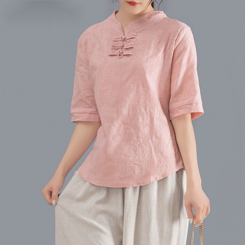 Áo Thun Cotton Linen Cổ Đứng Cài Nút Tay Lửng Phong Cách Trung Hoa Cổ Điển Hàng Mới 2022