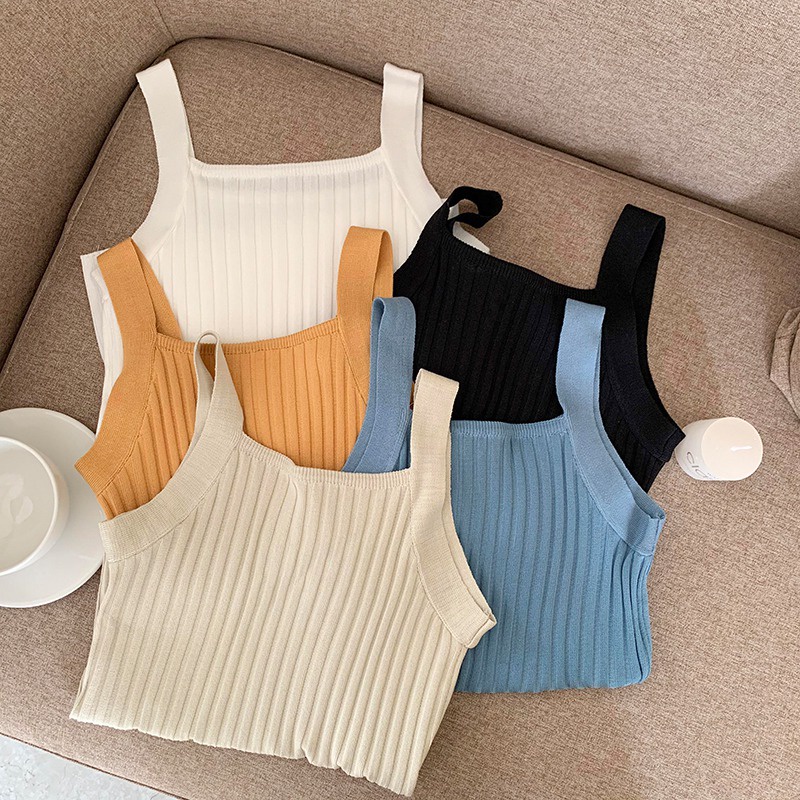 Áo hai dây dệt kim ngắn hở lưng thời trang xuân thu nhiều màu tùy chọn cho nữ