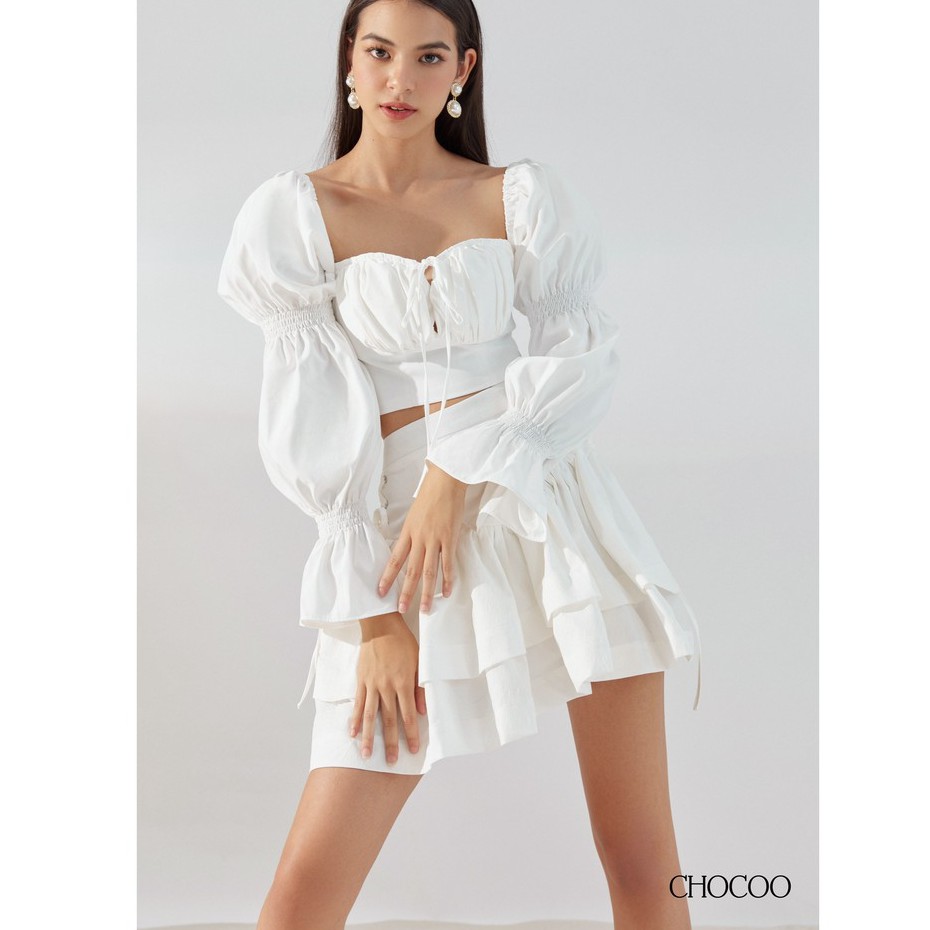 CHOCOO - Áo Kiểu Dài Tay Cổ Vuông Tay Phồng DULCIE TOP Cúp Ngực Cột Nơ Màu Trắng