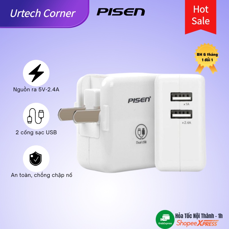 Củ sạc ĐT Pisen Urtechcorner dòng 2.4A 2 cổng USB sạc cùng lúc cho hai thiết bị phù hợp sạc cho tablet táo/ip