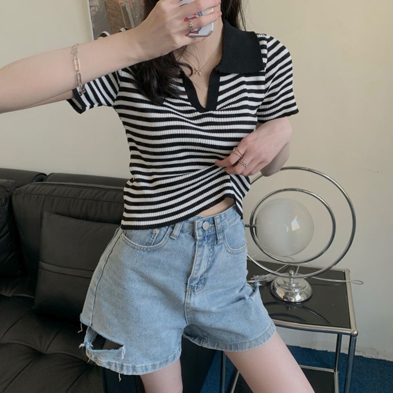 Áo thun IELGY dệt kim tay ngắn cổ polo họa tiết kẻ sọc phong cách Hàn Quốc thời trang cho nữ