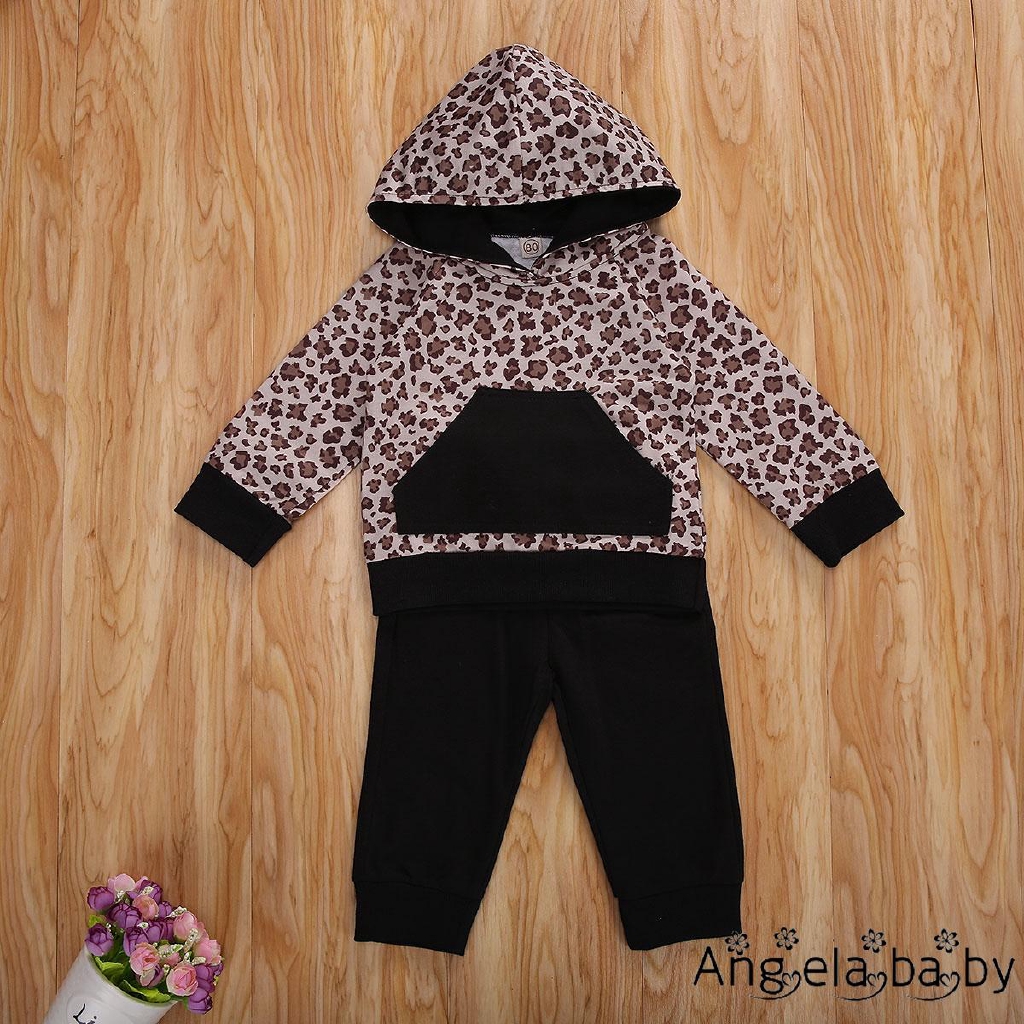 Set Áo Hoodies Có Nón Dài Tay + Quần Dài Lưng Thun Họa Tiết Da Báo Cho Bé Gái