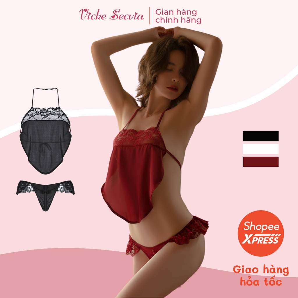 Bộ đồ ngủ VICKE SECVIA chất lụa phối ren cao cấp ít nhăn, phong cách sexy quyến rũ 1016