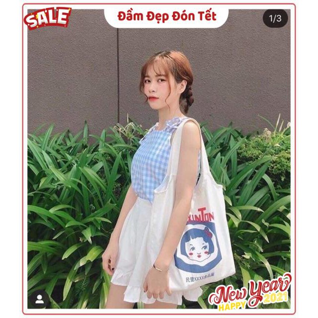 Set chân váy trắng hai lớp áo hai dây sọc caro dây áo tự cột tự điều chỉnh có dây khoá kéo ( kèm ảnh trải sàn ) | BigBuy360 - bigbuy360.vn
