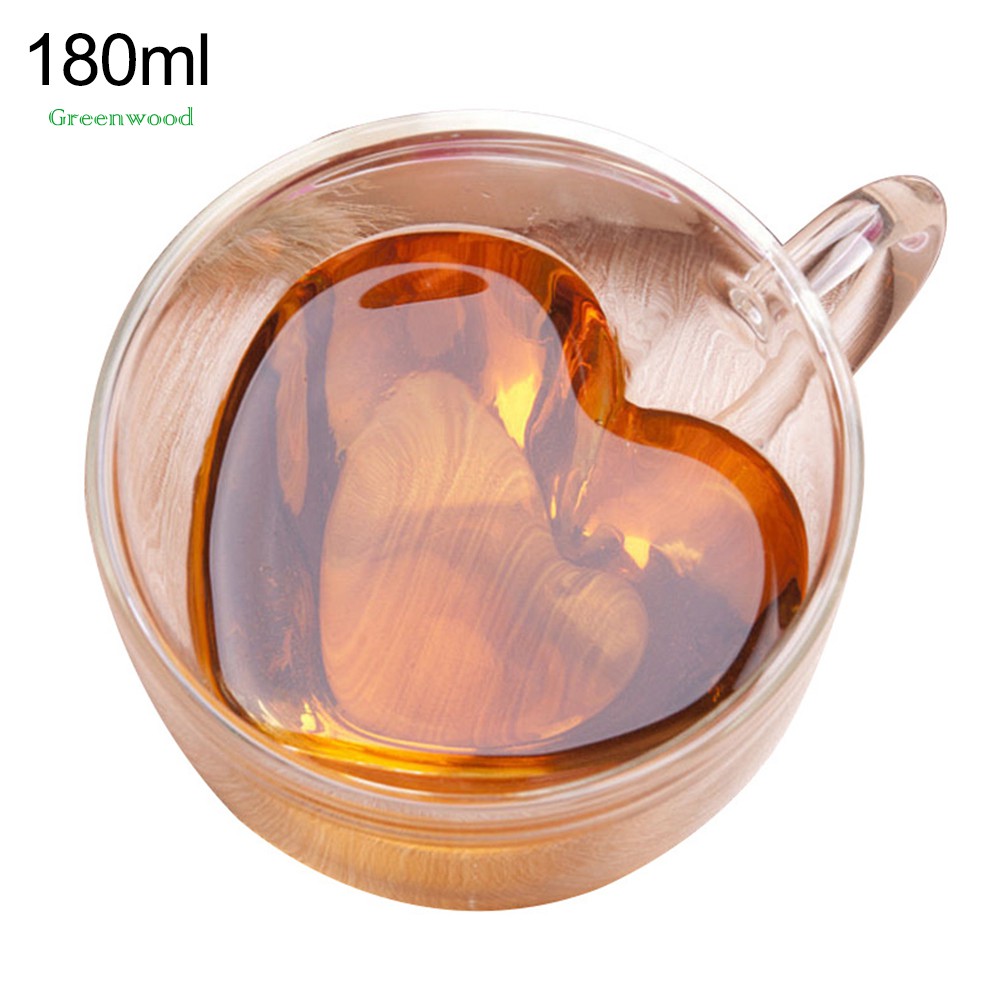 Green 180/240ml Double Wall Love Heart Handle Coffee Tea Heat Cold Resistant Glass Cup