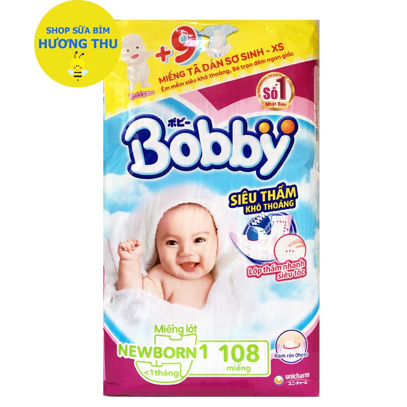 [Tặng thêm 9 miếng Tã Dán size XS] Miếng lót sơ sinh Bobby Newborn 1 108 miếng, cho bé dưới 1 tháng tuổi