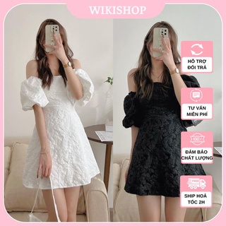 Đầm gấm tay phồng, váy đầm nữ trễ vai cúp ngực dáng chữ A đen trắng freesize dự tiệc sang chảnh Wikishop C921