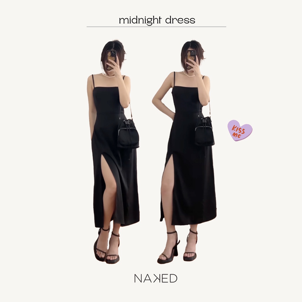 Naked By V - Váy midi đen dáng ôm xẻ tà Midnight Dress