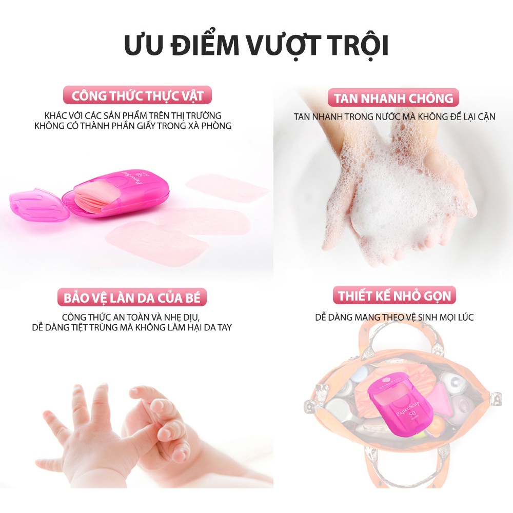 Hộp 50 Miếng Xà Phòng Giấy Khô Paper Soap Nhật Bản - Xà Bông Rửa Tay Bỏ Túi Dùng Một Lần