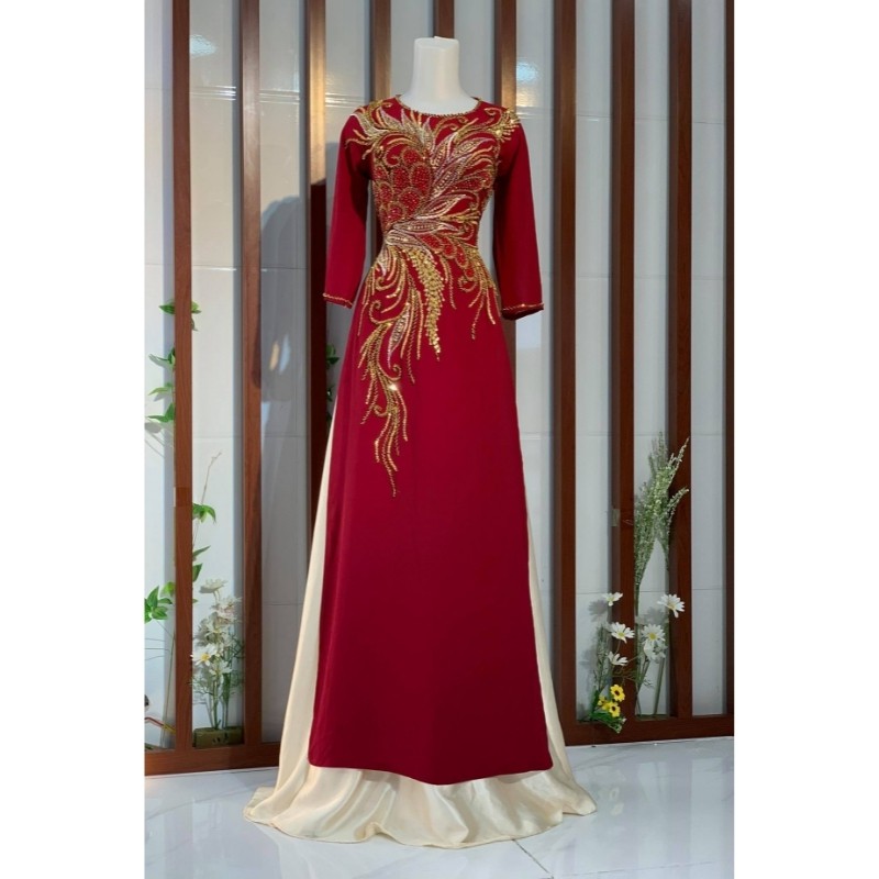 Áo dài sui gia – Áo dài mẹ cô dâu chú rể màu đỏ mận ADM014