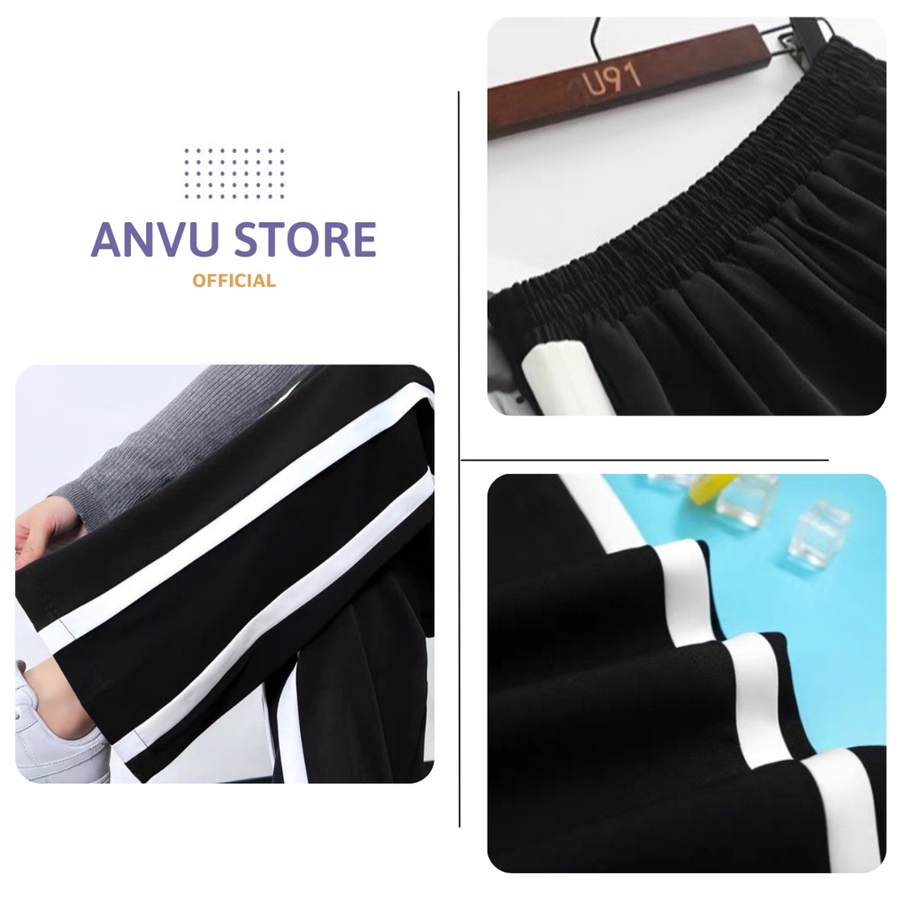 Quần ống rộng suông bigsize nữ 2 sọc lưng cao cạp chun vải cotton cao cấp co dãn 4 chiều không bai xù phong cách Hàn