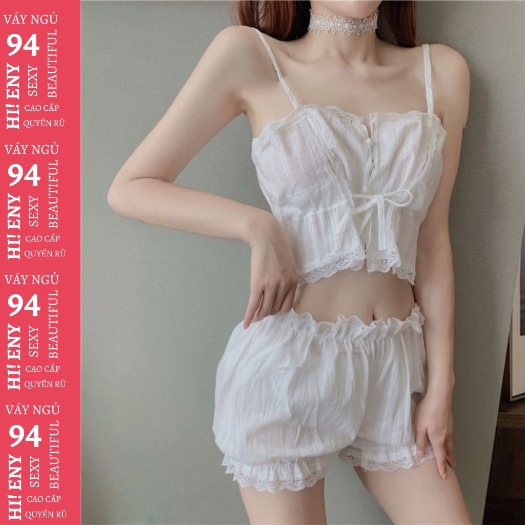 Bộ đồ ngủ 2 dây mặc nhà sexy dễ thương nút bọc vải chất cotton thoáng mát M71