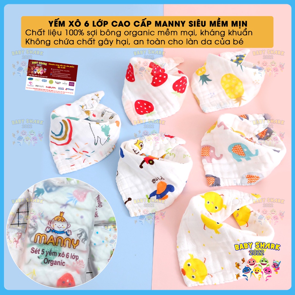 Set 5 Yếm cho bé Manny vải xô 6 lớp cao cấp, siêu mềm có cúc bấm tiện dụng