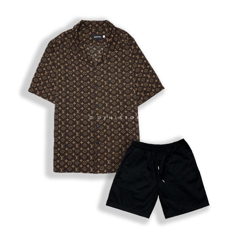 Áo sơ mi cộc tay LV NÂU họa tiết unisex form rộng | DUYHI | Ảnh thật