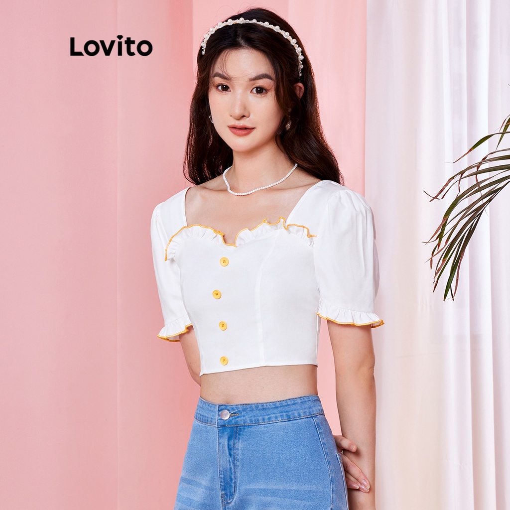 Áo cánh (Lovito Exclusive) DOPAMINE GIRLS Tay áo phồng trơn Bình thường L28AE032 (Trắng)