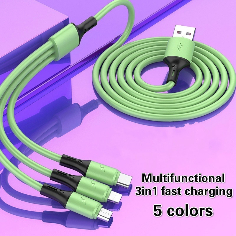 Universal 3 In 1 Fast Charging USB Cable/ Liquid Soft Silicone Fast Charge Line/ USB-C Data Transmission Line