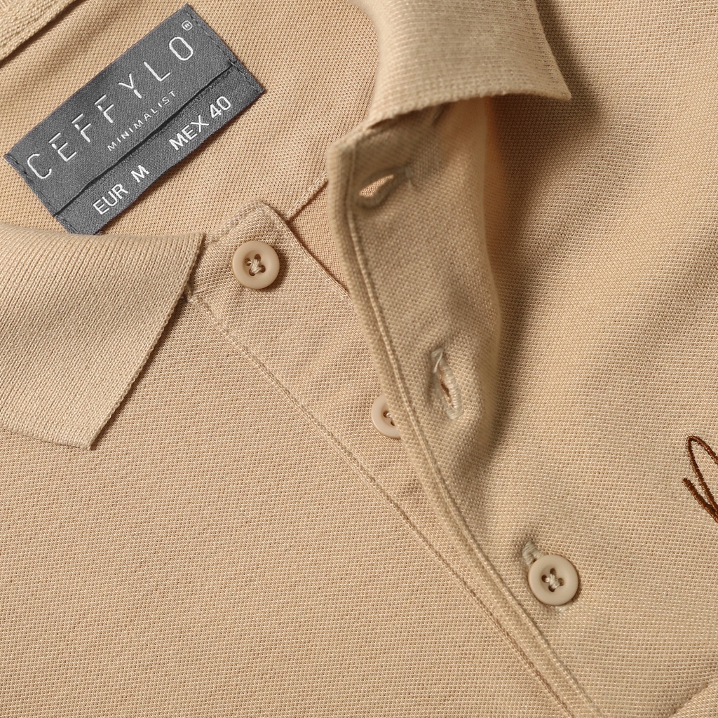 Áo Polo Nam Ceffylo Màu Camel Ngực Thêu Họa Tiết Chữ Minimalist Vải Cotton Mềm Mịn Co Giãn Thoáng Khí Thời Trang Nam