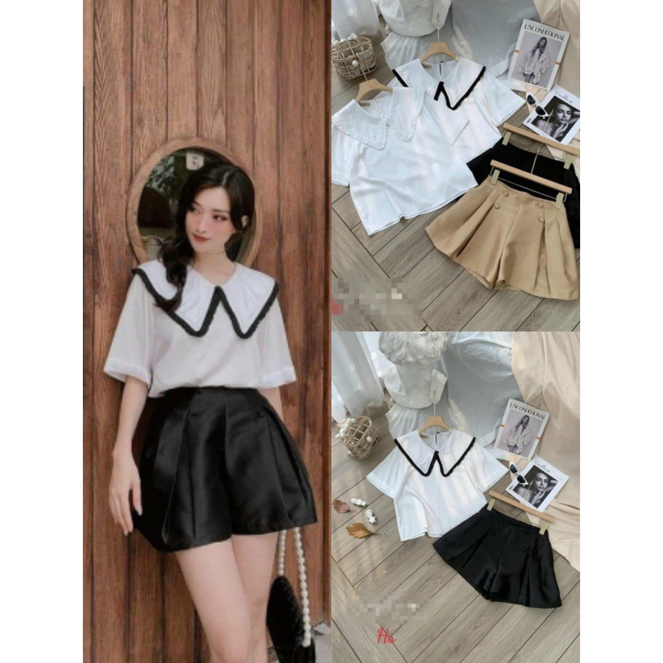 Set Quần Áo Gồm Áo Cổ Bèo Và Quần Short Xếp Li Freesize Dưới 60Kg Phong Cách Tiểu Thư Cho Nàng Diện Mùa Hè