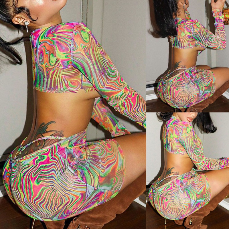 Brroa Đầm Mini Ôm Dáng Tay Dài Khoét Lỗ Hở Lưng In Sọc Cầu Vồng Gợi Cảm Cho Nữ Dự Tiệc Clu