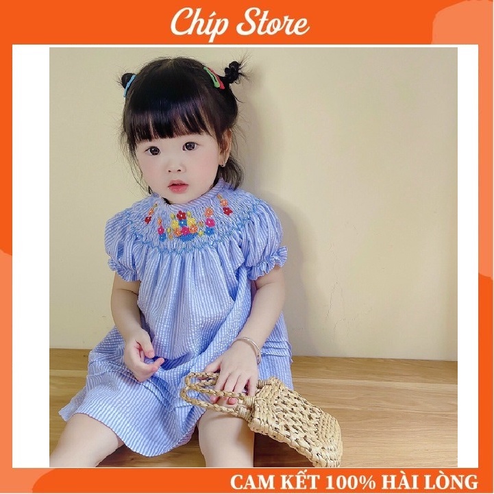 Váy SMOCK CHÍP STORE Tay Bồng Caro Xanh Cổ Thêu Hoa Cho bé Gái