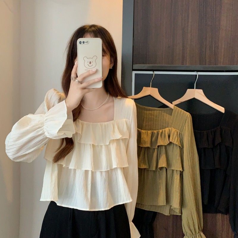 Áo Sơ Mi Cổ Vuông Ba Lớp Mỏng Phong Cách Thời Trang Mùa Thu Hàng Mới