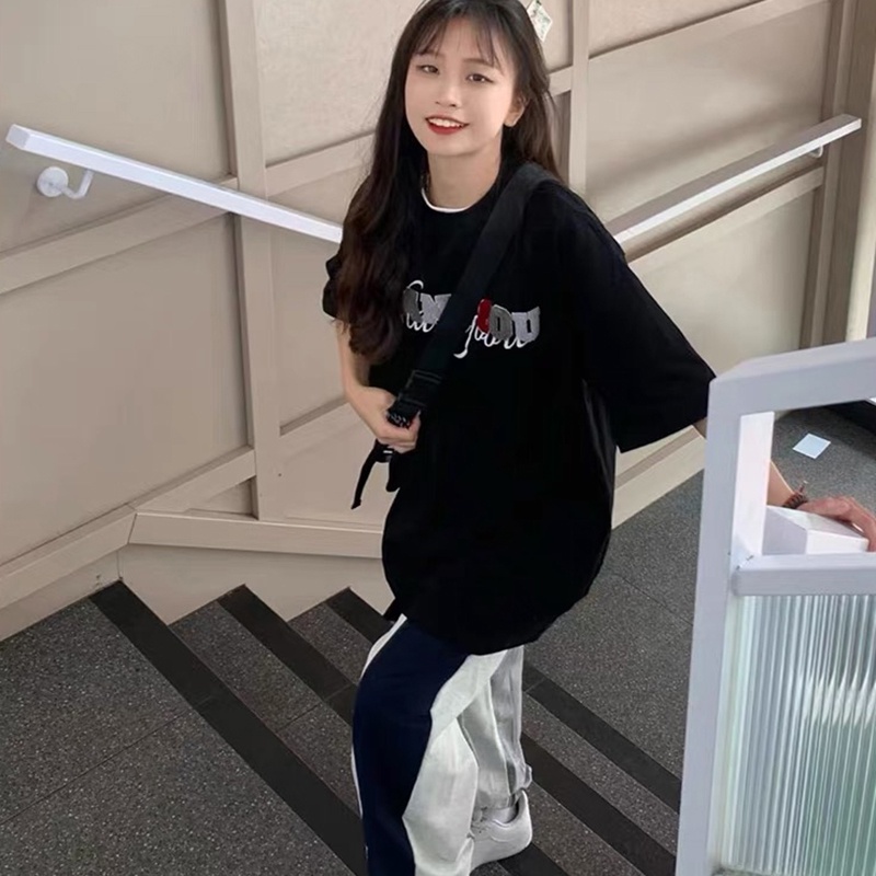 Áo Thun Tay Ngắn Cổ Tròn Dáng Rộng Thêu Họa Tiết Thời Trang Cho Nữ