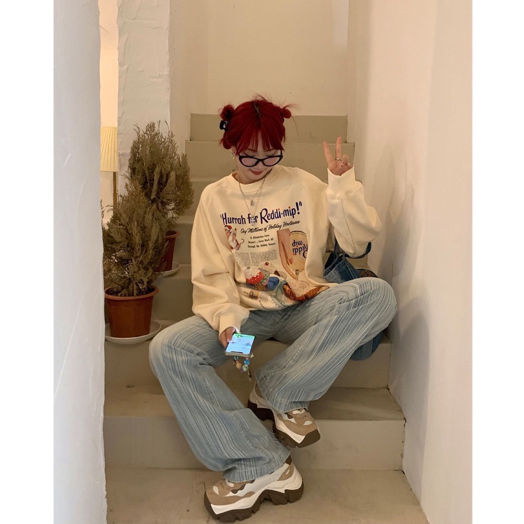 Áo Hoodie Mỏng Cổ Tròn Dáng Rộng In Họa Tiết Vintage Mỹ Thời Trang Xuân Thu Mới Cho Nữ