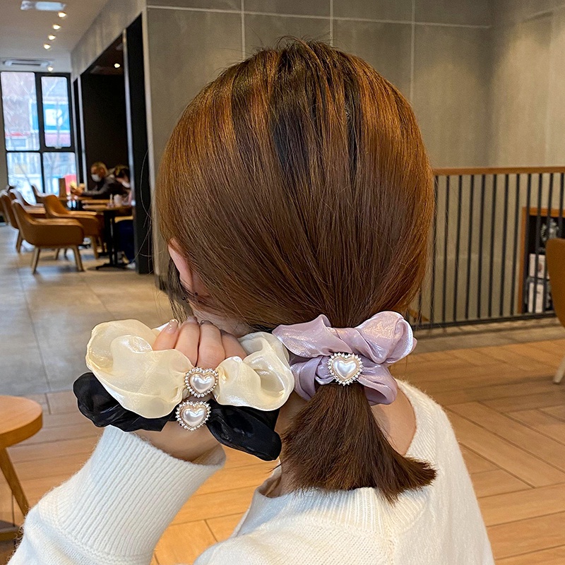 Dây Buộc Tóc Bằng Lụa Đính Ngọc Trai Hình Trái Tim Phong Cách Nhật Hàn Thời Trang Xinh Xắn