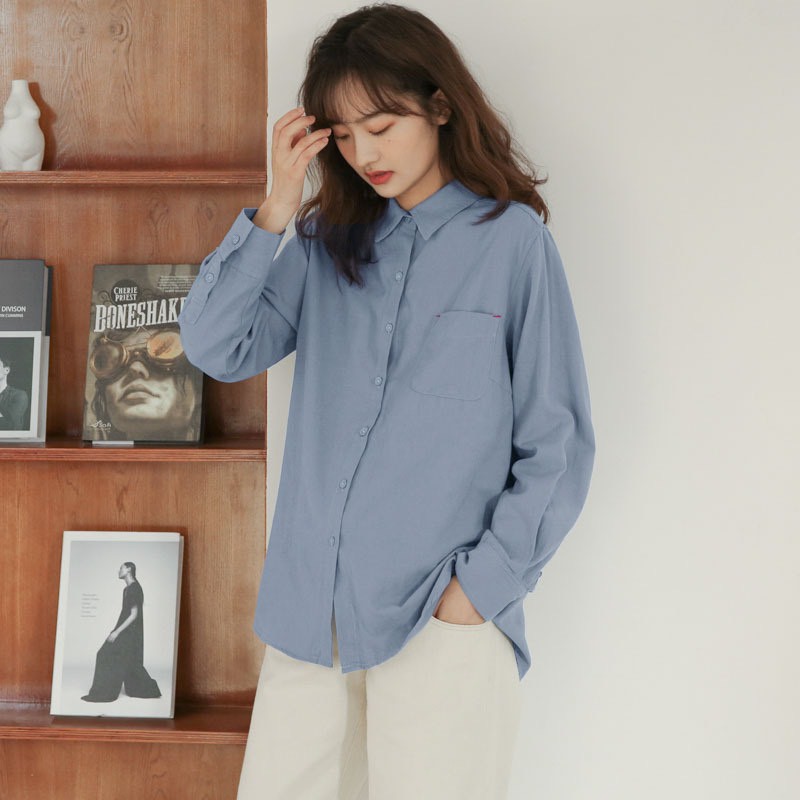 Áo Sơ Mi Nữ Form rộng trơn Basic Unisex dài tay trắng và xanh Kiểu áo sơ mi nữ Bigsize suông