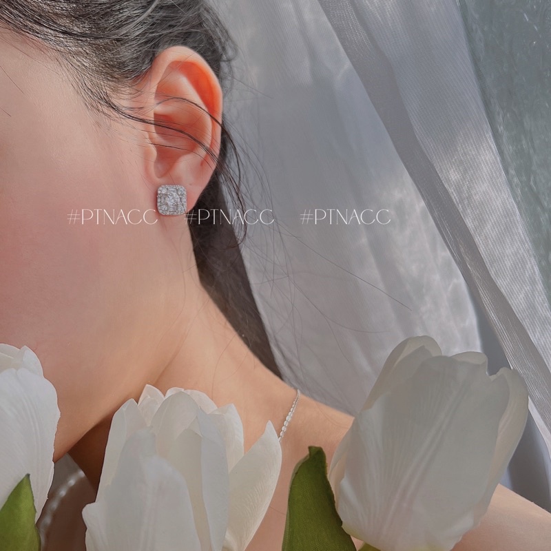 Bông tai, khuyên tai xi bạch kim đính đá vuông .PTNACC.