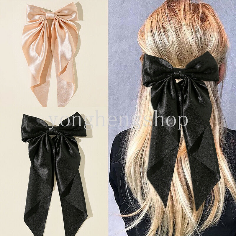 Kẹp Tóc Nơ Dài Màu Trơn Bằng Satin Xinh Xắn Dành Cho Nữ