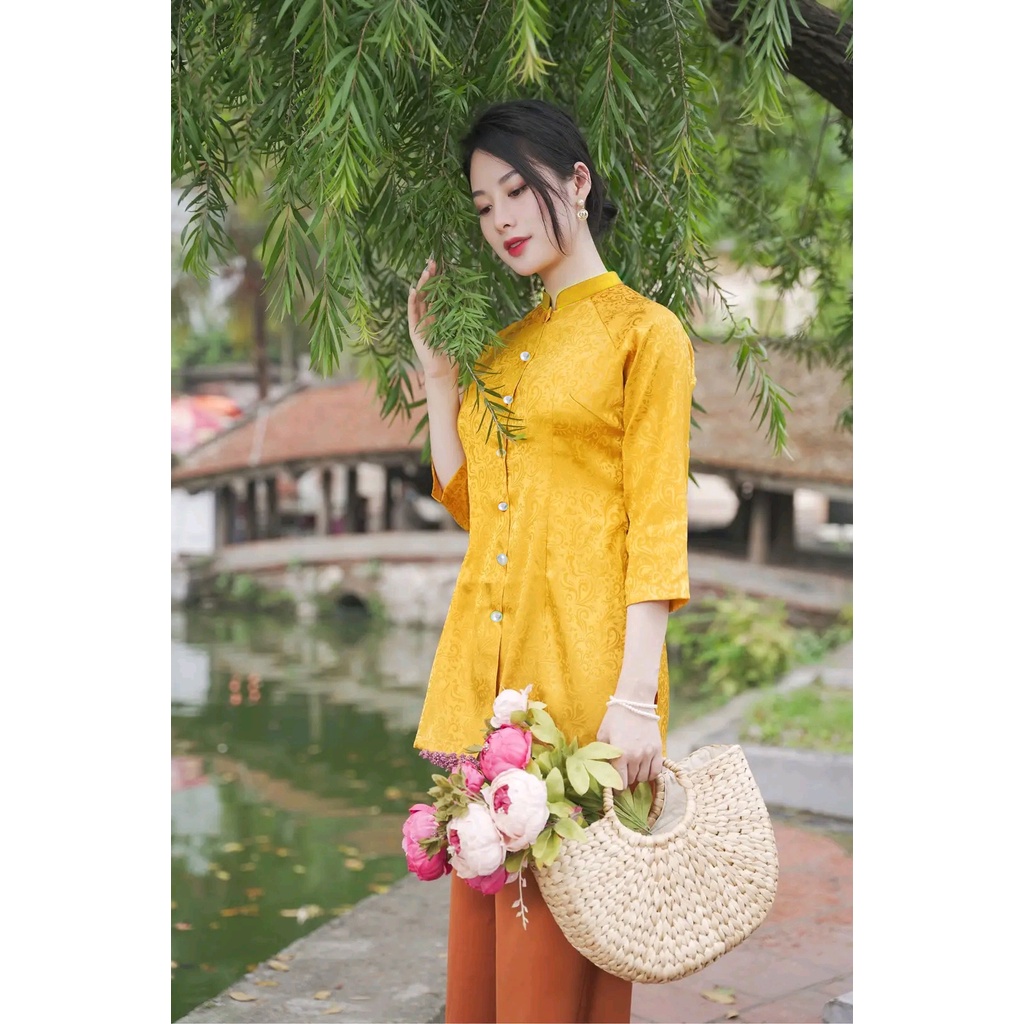 Áo bà ba lụa gấm vân cao cấp đi lễ chùa thiết kế cách tân đồ lam truyền thống hàng loại 1 kèm quần may sẵn