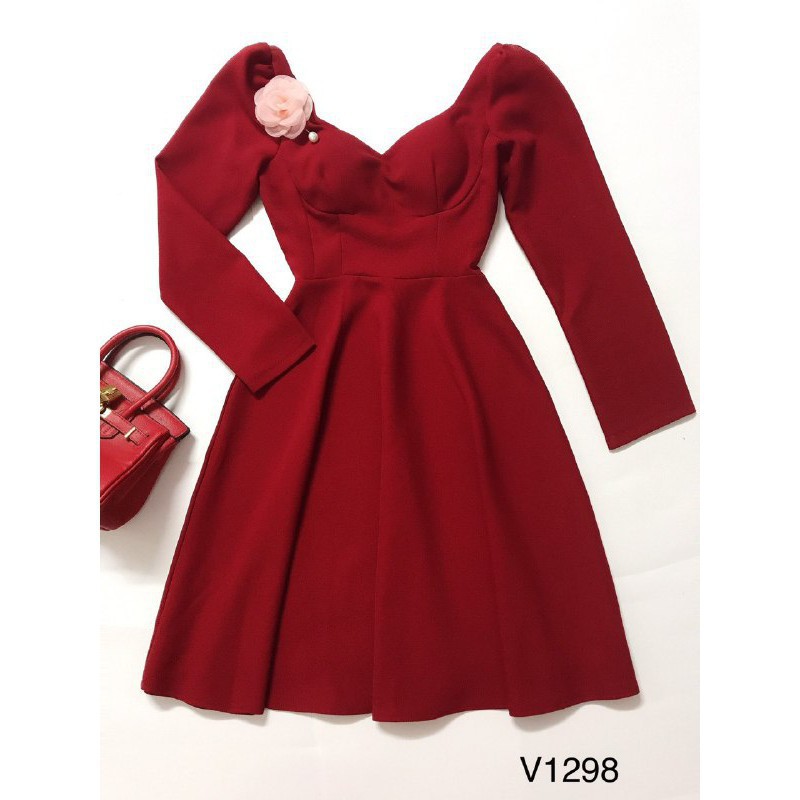 [ xả kho ] MiD Đầm đỏ xòe V1298 khoét cổ quyến rũ Mie Design kèm ảnh thật