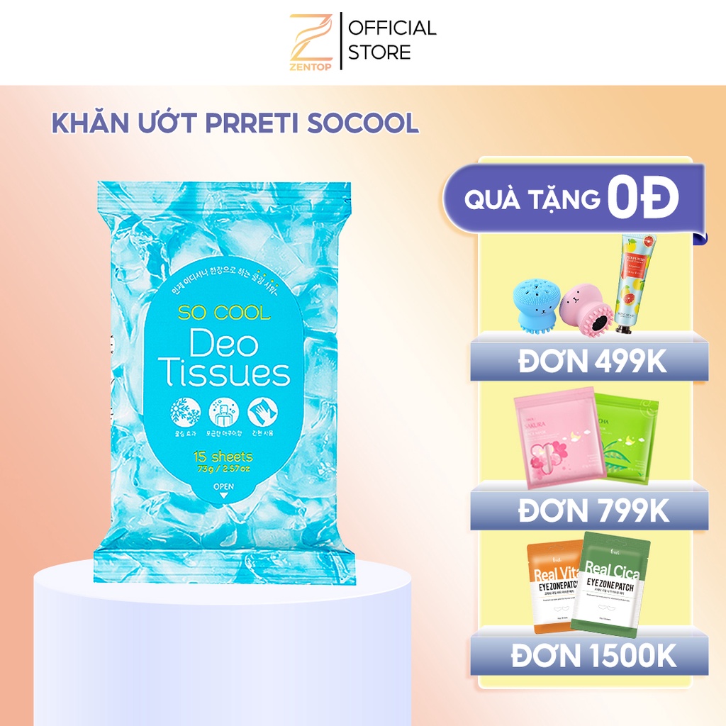 Khăn giấy làm mát khử mùi Prreti khăn ướt mềm mịn tiện lợi gói 15 tờ Zentop