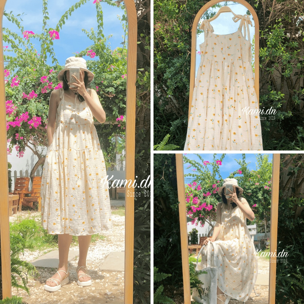 Váy 2 dây hoa nhí thắt nơ chất đũi mát siêu xinh