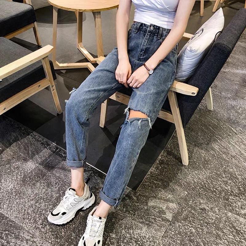 Quần baggy bò slim jean rách sườn xẻ lưng cao quảng châu có sẵn