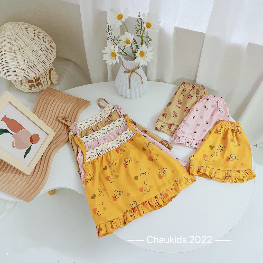 [SALE] Bộ 2 Dây Bé Gái Hoạ Tiết Quả Dâu Vải Đũi Tằm Mềm Mát Phối Ren Cổ, Đồ Bộ Cho Bé Mặc Nhà CK28
