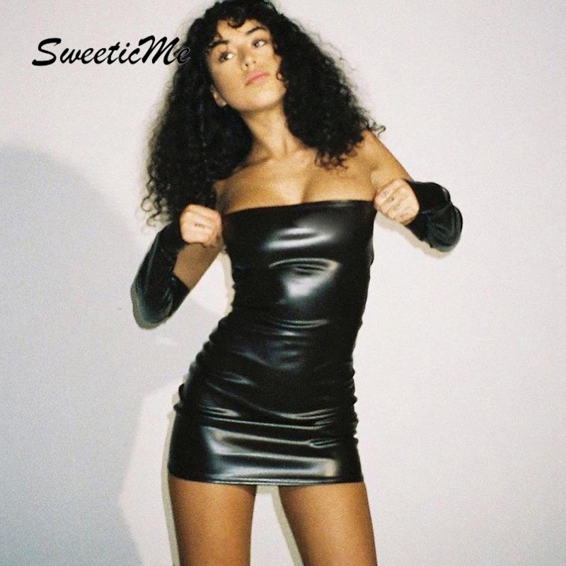 Đầm trễ vai chất liệu da pu phong cách quyến rũ ngọt ngào cho nữ