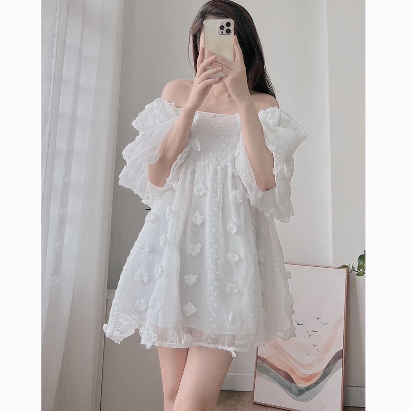 Áo váy babydoll hoa nổi tay bồng tiểu thư