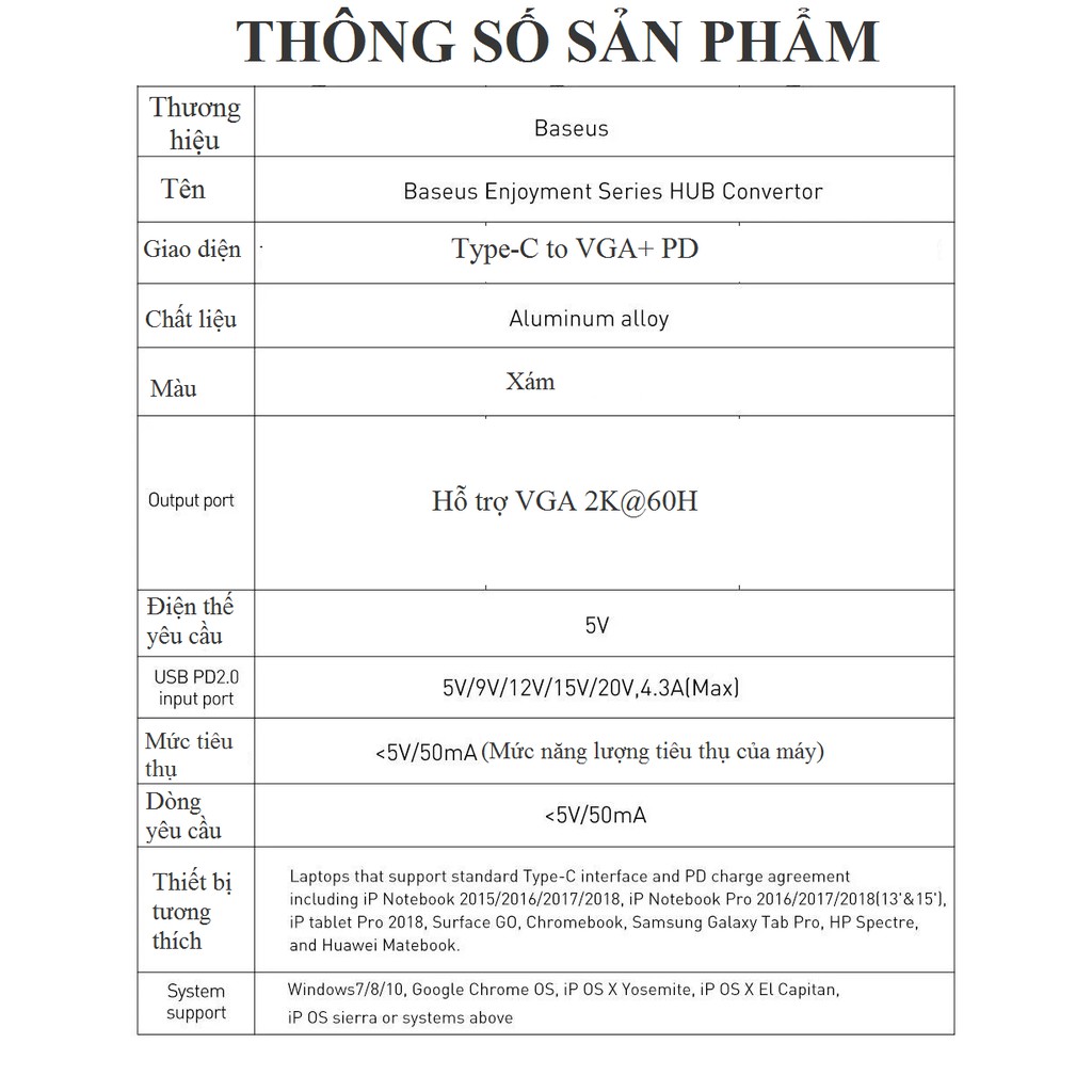 [Type-C ra VGA] Hub/Bộ chuyển cổng Baseus CAHUB-O0G