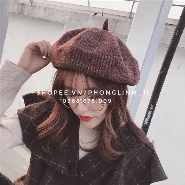 [ SẴN ]MŨ NỒI DẠ , NÓN NỒI DẠ NỮ NÓN BERET, MŨ BERET DẠ Caro loại 1 mũ ulzzang