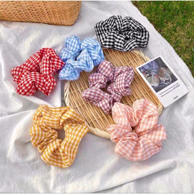 Dây cột tóc vải caro,chấm bi,bông hoa scrunchies Hàn Quốc xinh xắn