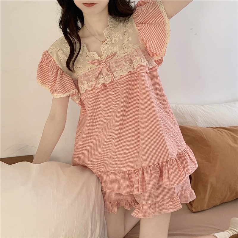 Set váy thô nữ mặc nhà tay phồng caro hồng quảng châu