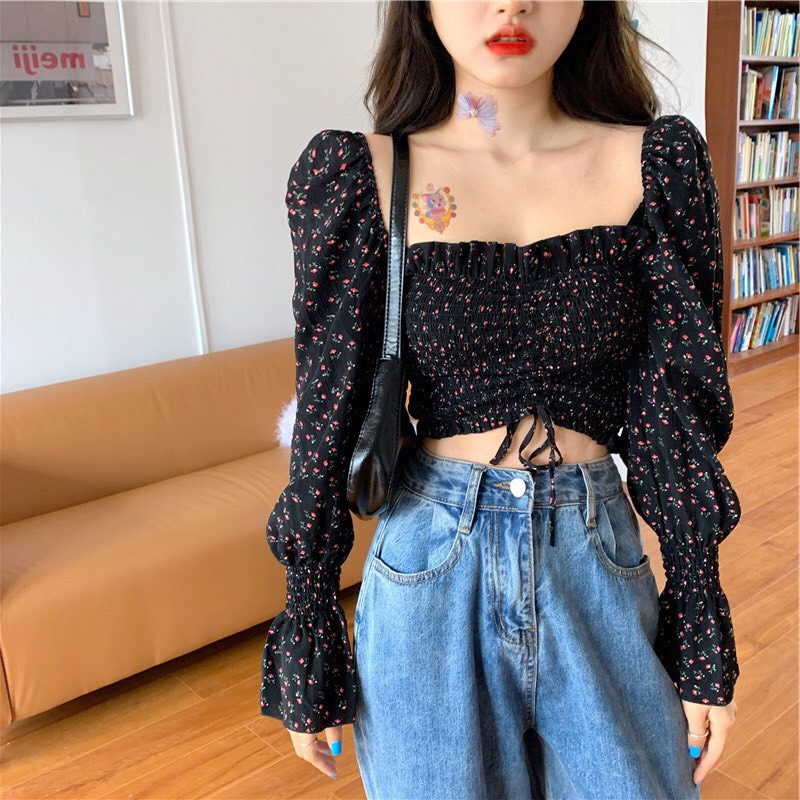 Áo croptop voan trễ vai ulzzang rúm ngực hoa nhí siêu xinh