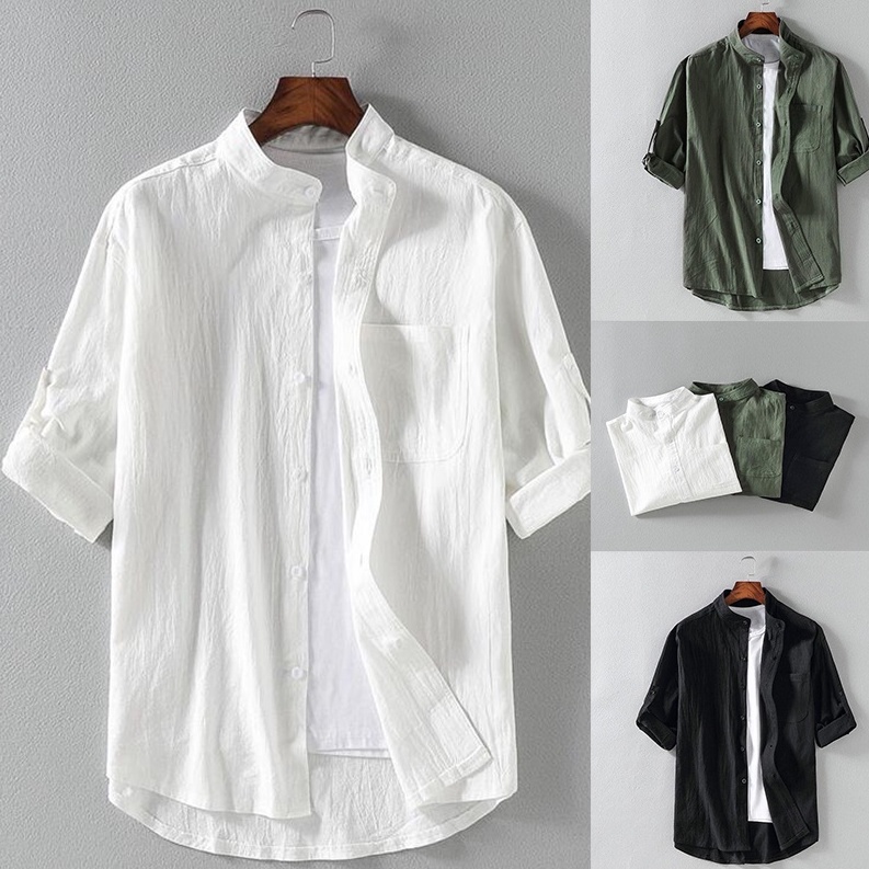 Áo Sơ Mi Cotton Lanh Cao Cấp Tay Ngắn Cổ Bẻ Cài Nút Thời Trang Mùa Hè Hàn Quốc Cho Nam
