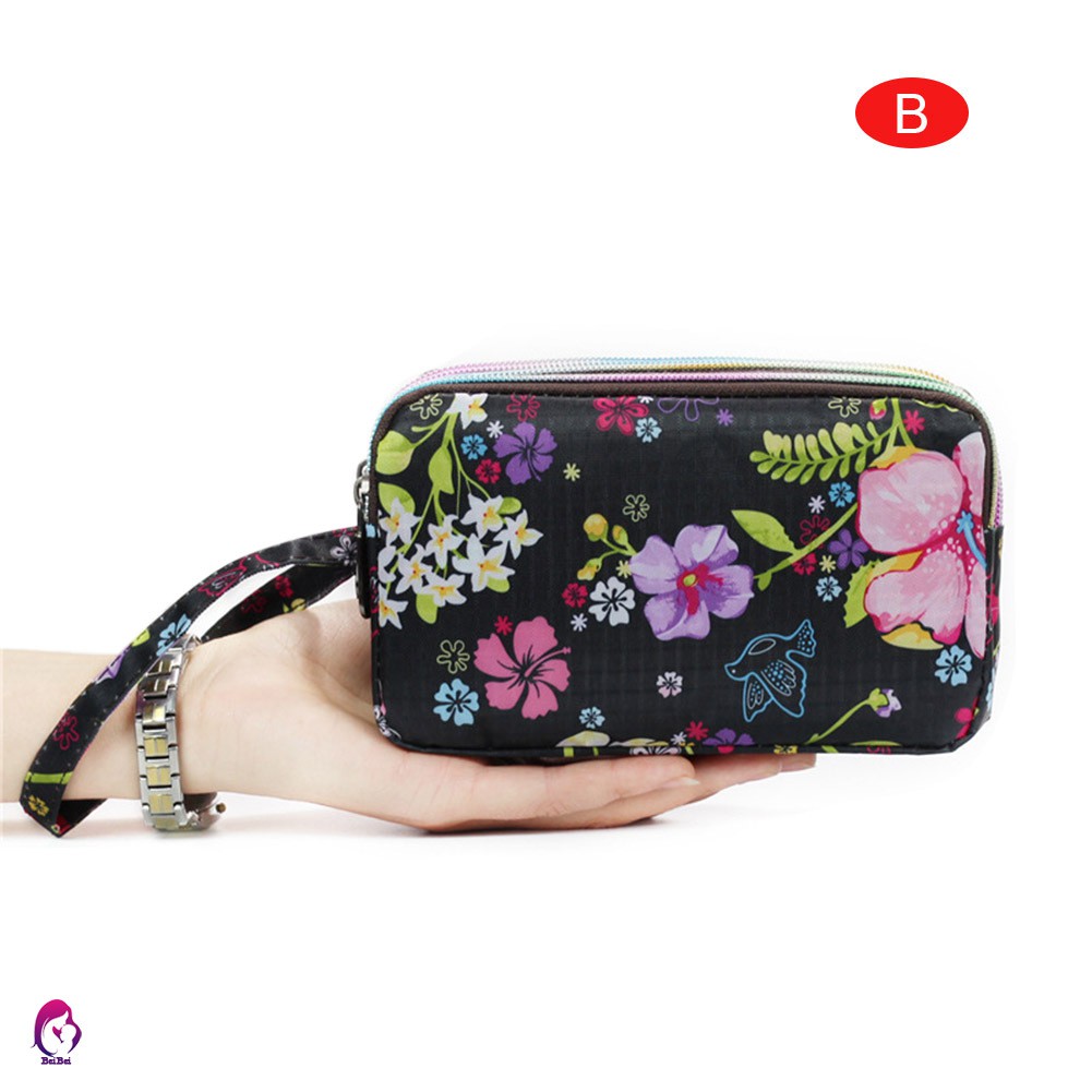 Túi cầm tay nhỏ gọn họa tiết hoa thiết kế 3 ngăn khóa kéo xinh xắn thời trang cho nữ
