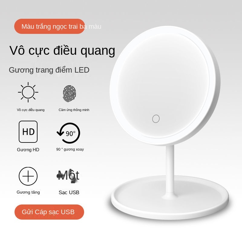 Pearl White cho nữ với ánh sáng thông minh để bàn di động đèn trang điểm ký túc xá bổ sung Quang Net Gương đỏ