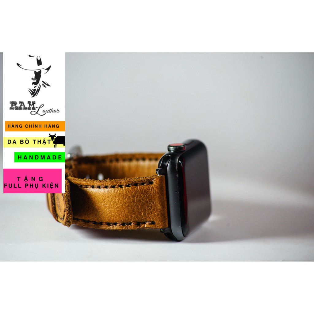 Dây apple watch da bê vàng handmade bền chắc cực đẹp RAM Leather classic 1989 - tặng khóa chốt và adapter