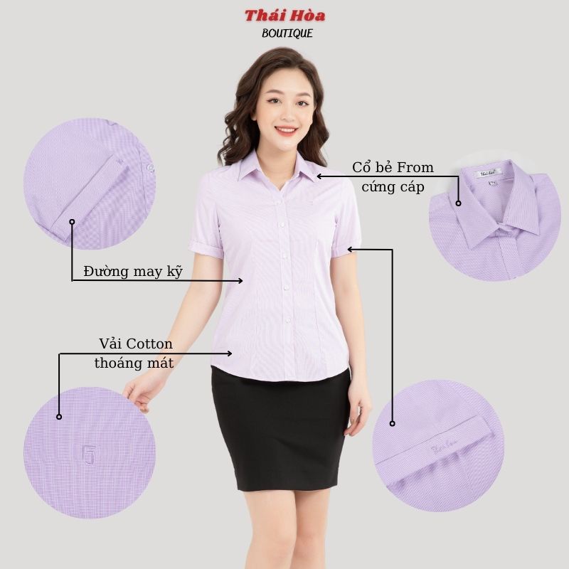 Áo sơ mi nữ công sở tay ngắn kẻ tăm đẹp màu tìm caro chìm cotton Thái Hoà N631-11-01